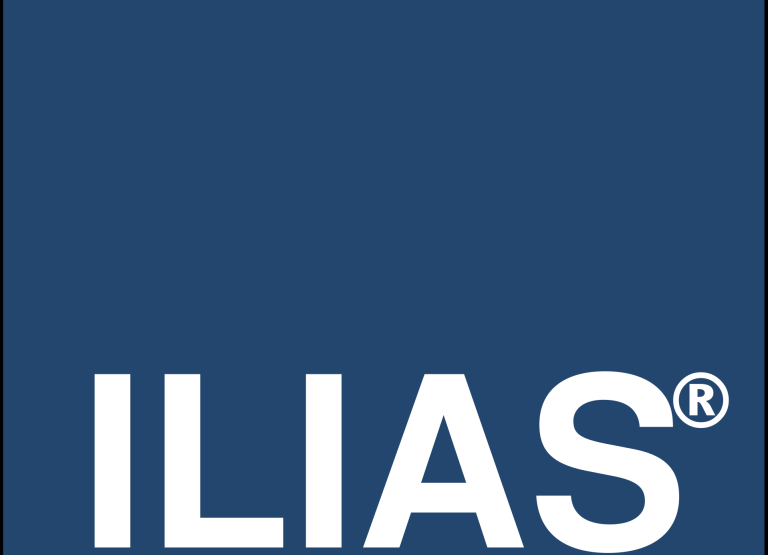 Logo von ILIAS in weißer Schrift auf blauem Hintergrund.